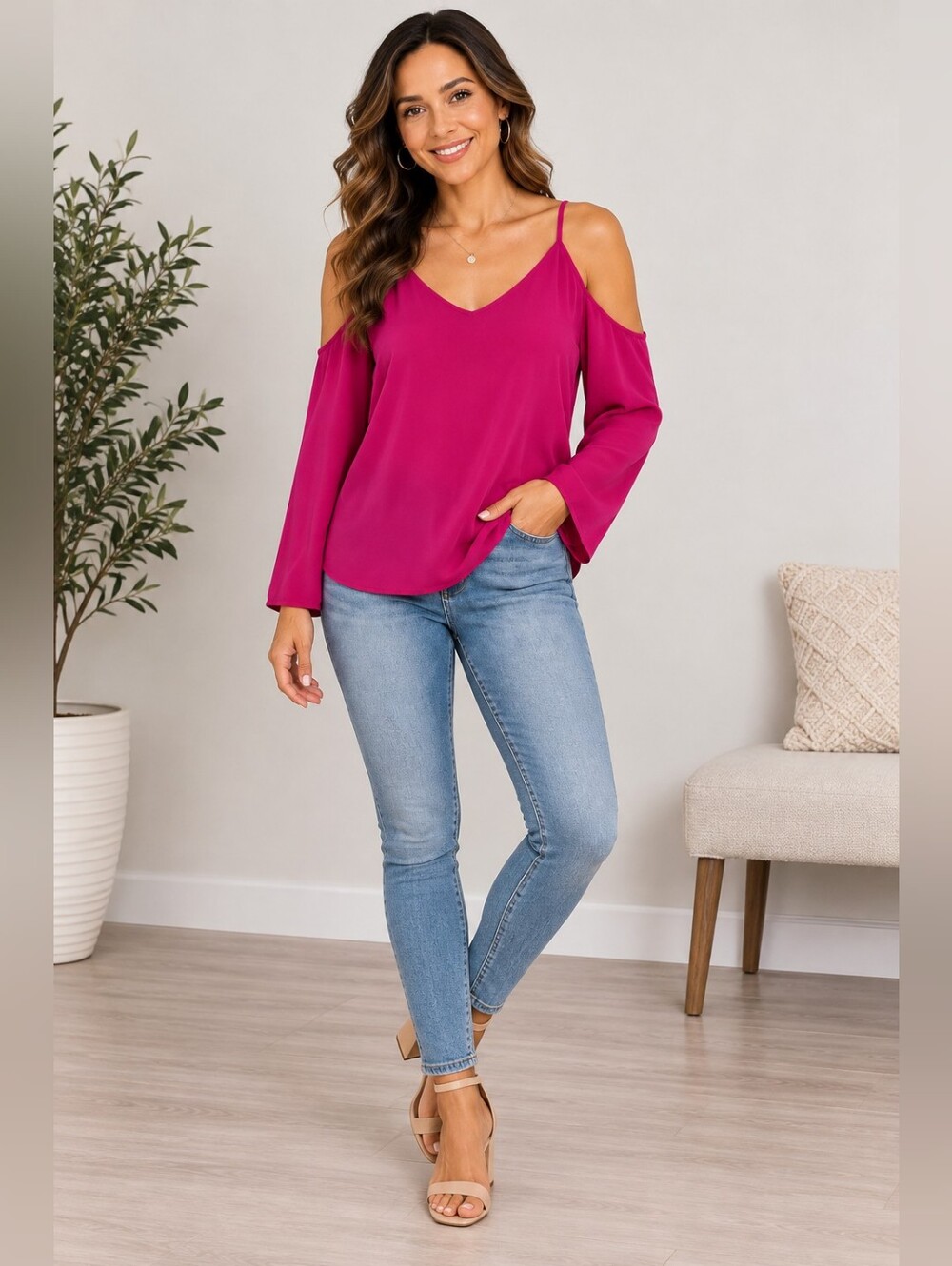 NWT Women’s Fuchsia Cold Shoulder Top Small Strappy Sleeve Pink Blouse